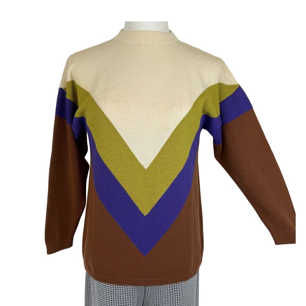 St. John Santana Knit Vintage Mockneck Sweater Color-Block Chevron Wool-Blend L
